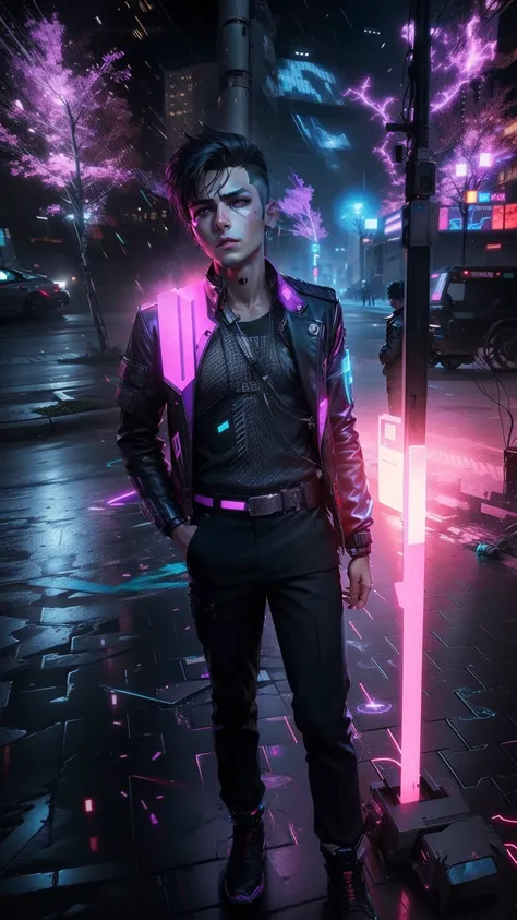 Change background cyberpunk handsome boy, realistic face, 8k, ultra realistic,neon, Real face,