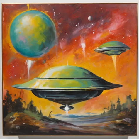 high high quality, extraterrestrial, Alien cyborgs, Background with stars, Broad, planetes , flying saucer, spaceship, scientific fiction, Retro, 1950s, Sci-fi, lost in space,