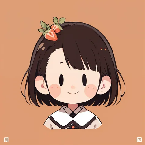 Flat avatar， 1boy， 独奏， ssmile， head portrait， simple backgound， brunette color hair，There are strawberries on the clothes，with a round face，short detailed hair