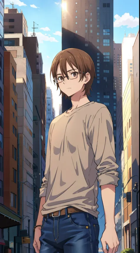 Young Anime Teen, 15 years old, Slim, Tall, Brown Combover Hair, Glasses, Grey Shirt, Jeans, City Background, boy