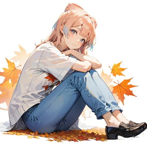 autumn leaves pattern white background, sitting in the middle, casual outfit