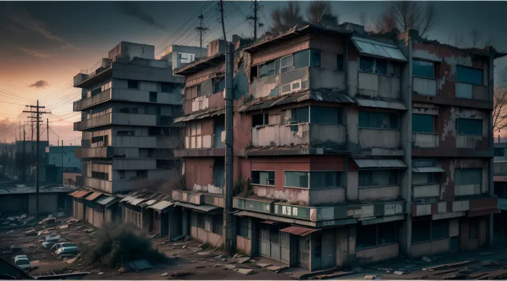 Modern town in the twilight，The building is dilapidated，Dark tones