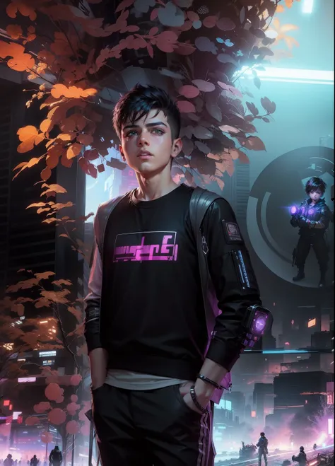 Change background cyberpunk handsome boy, realistic face, 8k, ultra realistic, cute little boy, 
Real face, cartoon,