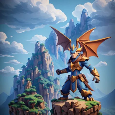 pixel game，game character design，good dragon，pixel mountains，pixel clouds，16-bit pixel art, 3d rendering, octane render, axonome...