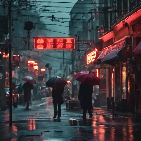 On a quiet late night, The streets are drizzling，Lined with bright restaurants and hotels. Modern street lights cast soft light on rainy days, Create a good atmosphere. Pedestrians hurry to hold umbrellas, Some gentlemen wearing hats calmly crossed the str...