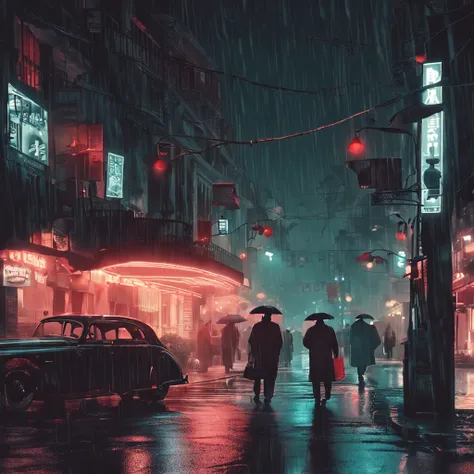 On a quiet late night, The streets are drizzling，Lined with bright restaurants and hotels. Modern street lights cast soft light on rainy days, Create a good atmosphere. Pedestrians hurry to hold umbrellas, Some gentlemen wearing hats calmly crossed the str...