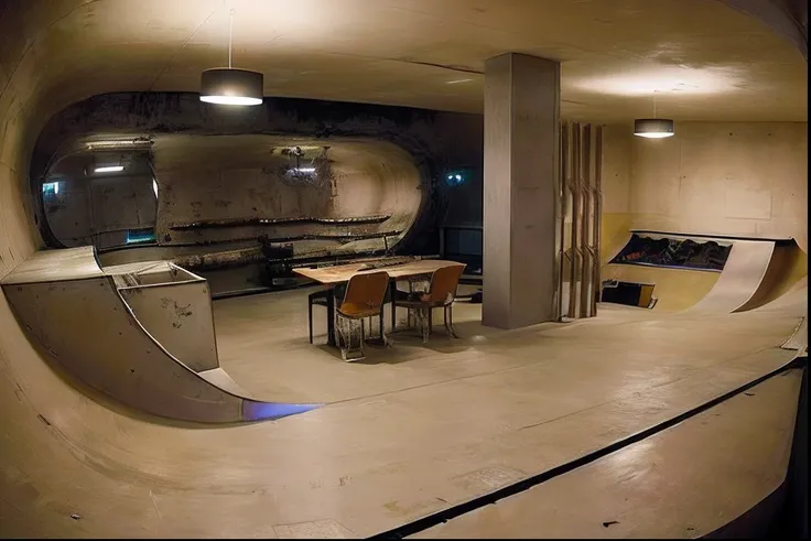 There is a skateboard ramp in the middle of a room, interior, Hitech concrete interior, Showroom Dezeen, basement, Apartamento Bladerunner, Espacio liminal interior, Skatepark, Parque de patinaje, Toma en interior, scenery shot, ffffound, Located in the va...