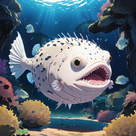 Japanese and giant pufferfish，Fish with ghostly white scales,sewage，variation， Fierce fangs, and a long pink tongue, Masterpiece, Best quality，8K，Realiy，a picture