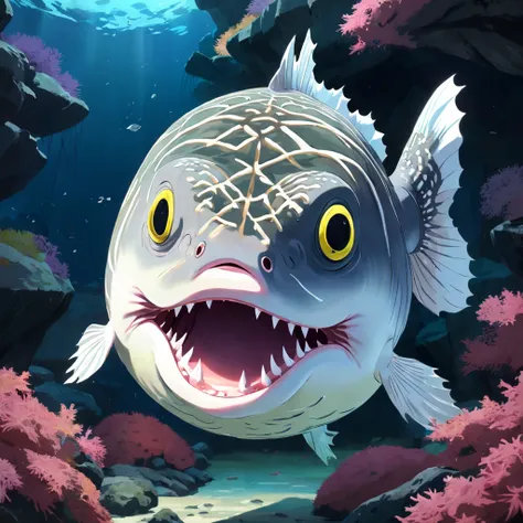 Japanese and giant pufferfish，Fish with ghostly white scales,sewage，variation， Fierce fangs, and a long pink tongue, Masterpiece, Best quality，8K，Realiy，a picture