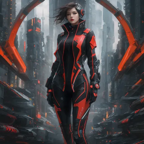 Create a picture depicting a strong and dynamic woman wearing a futuristic attire that combines the colors black and red. The clothing should feature unique designs and innovative materials, reflecting a balance between elegance and functionality. The woma...