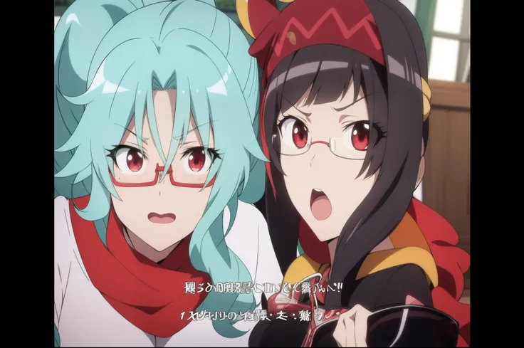 anime characters with green hair and red eyes are standing next to each other, konosuba anime style, red and cyan, konosuba, tensei shitara slime datta ken, reincarnated as a slime, gurren lagan, they are fighting very angry, gurren lagann, meme format, wi...