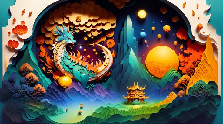 masterpiece，best qualitiy，High-quality paper cutting，chinese landscape, moon cake, goddess, chinesedragon，super detailing。