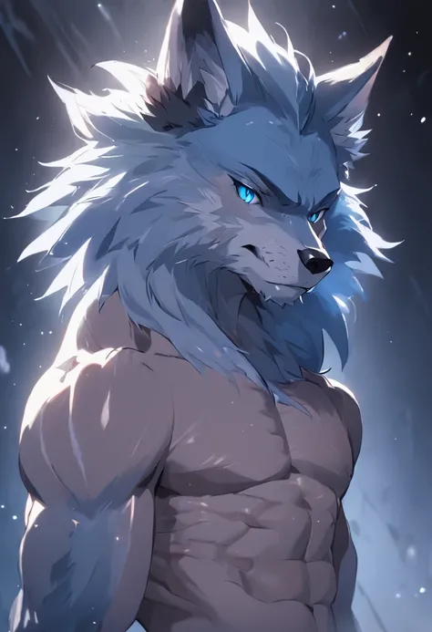 4K, high resolution, Best quality, Masterpiece, perfect colors, perfectly shaded, Perfect lighting, posted on e621, (by Chunie), Furry, anthro, Furry art, ((Portrait)), Male wolf, gray wolf, (two-toned fur), hairy bodies, Blue eyes, (Seductive look:1.2), f...