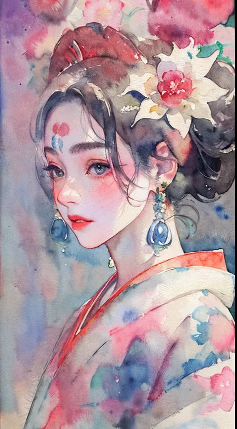 (masterpiece:1.2, best quality), (very detailed face, real picture, realistic skin, realistic body, intricate details), solo, 1milf, casual,ukiyo-e, (Watercolor:1.3), Oiran,