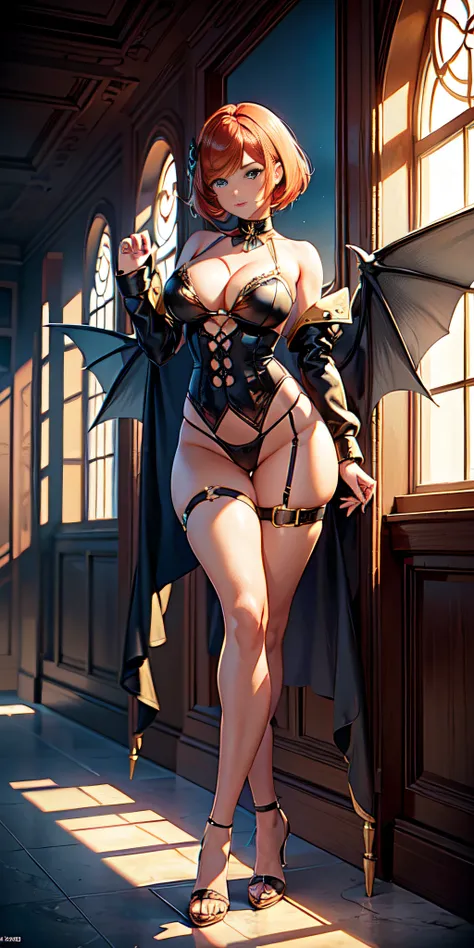 (solo 1 women), (masterpiece, best_quality, ultra detailed, immaculate: 1.3), epic, illustration, 1girl, (steampunk Vaporwave: 1.3) succubus, wings, full body, lingerie, [:formal costume design,:0.2], official art, ( African, Dark Skin: 0.6), Deep Red-Oran...