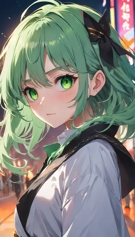 green hair, hair between eyes, mole under eye, heterochromia, crystal earrings, fashionable girl, anime style, first-person view, cowboy shot, highres, UHD