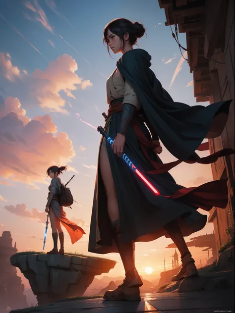 "A jedi knight in the style of Ghibli, with intricately detailed artwork and concept art, inspired by WLOPs signature style, set against a vibrant sunset."