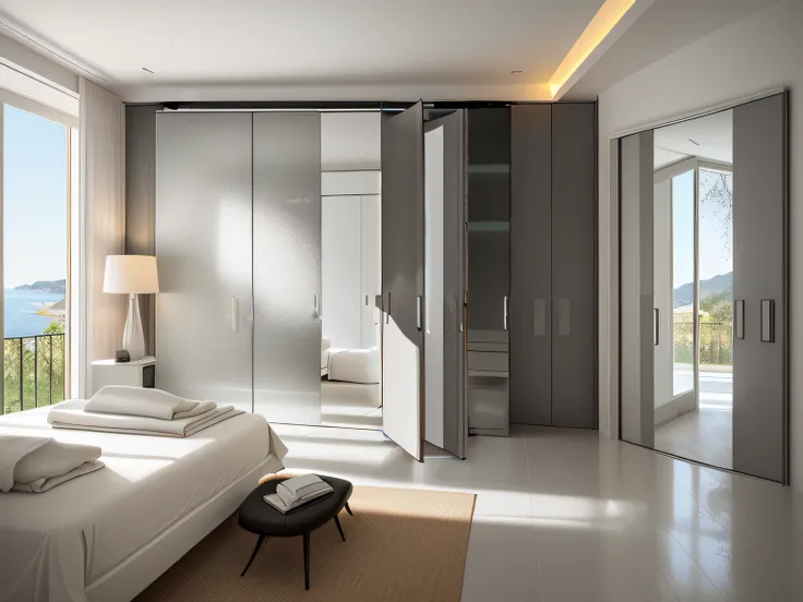 The apartment has a bedroom with a bed and glass doors, elegant wardrobe, nesting glass doors, mirror and glass surfaces, elegant futuristic wardrobe, rendered in vray, inside bedroom, Bedroom interior, rendered in povray, Bedroom, lacquered glass, sleek u...