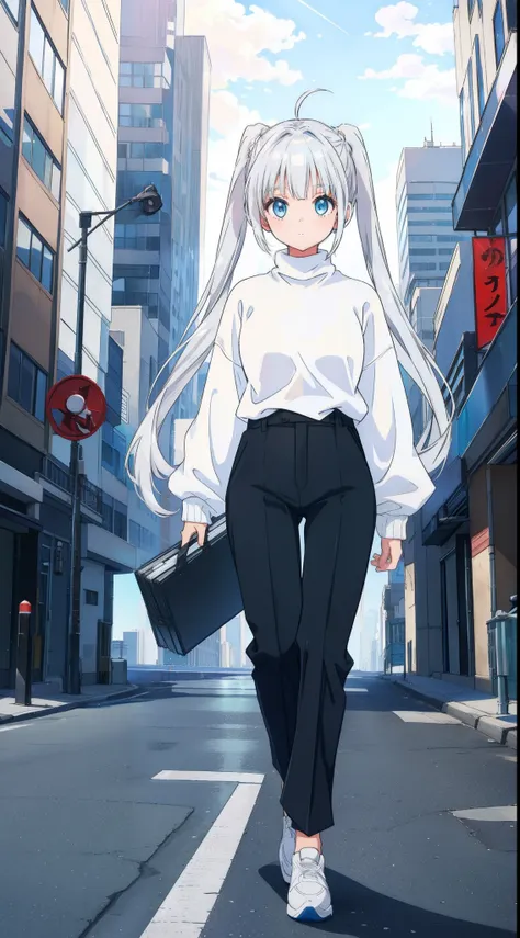 girl, silver white hair, two high ponutails energetic, light blue oversized turtleneck sweater, black pants, city background, ha...