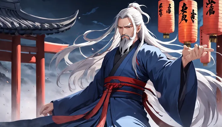 Chinese Taoist Male Samurai，((White hair)), ((Long beard)), ((Long beard)), 8k wallpaper，Hanfu，超高分辨率，xiuxian，