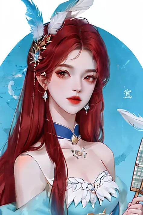 long whitr hair，Royal sister，quadratic element，red colour，blue colors，Feather fan in hand，The eyebrows are a little red