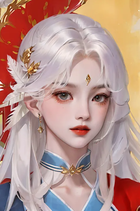 long whitr hair，Royal sister，quadratic element，red colour，blue colors，Feather fan in hand，The eyebrows are a little red