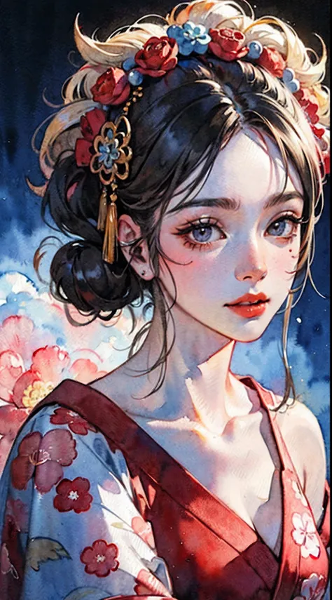 (masterpiece:1.2, best quality), (very detailed face, real picture, realistic skin, realistic body, intricate details), solo, 1milf, casual,ukiyo-e, (Watercolor:1.3), Oiran,