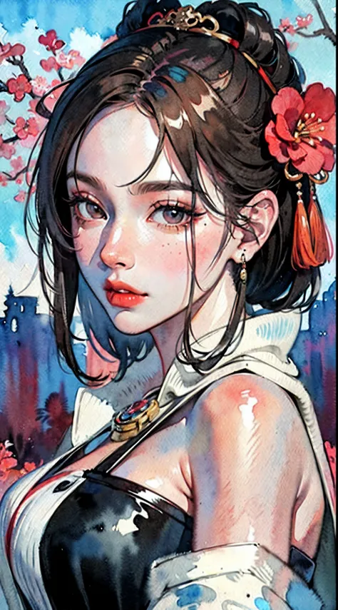 (masterpiece:1.2, best quality), (very detailed face, real picture, realistic skin, realistic body, intricate details), solo, 1milf, casual,ukiyo-e, (Watercolor:1.3), Oiran,