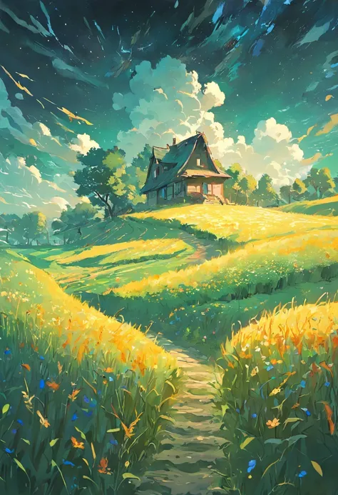 There are a lot of small houses，small village，Van Gogh painting style，paths，The tree，grassy，Cook，（（starrysky）），fine art piece，wheat field，tmasterpiece，k hd。Rich in color