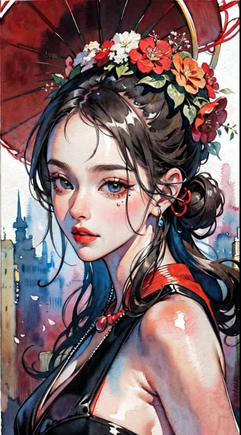 (masterpiece:1.2, best quality), (very detailed face, real picture, realistic skin, realistic body, intricate details), solo, 1milf, casual,ukiyo-e, (Watercolor:1.3), Oiran,