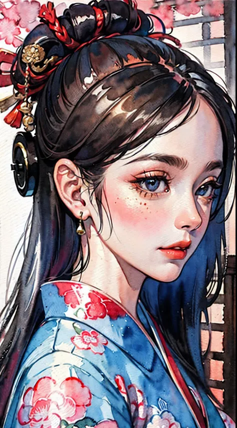 (masterpiece:1.2, best quality), (very detailed face, real picture, realistic skin, realistic body, intricate details), solo, 1milf, casual,ukiyo-e, (Watercolor:1.3), Oiran,