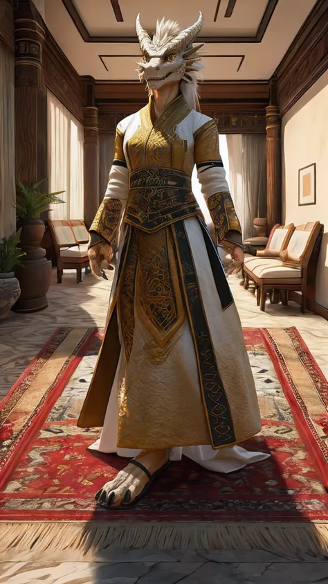 Bionic  dragon，Golden White Dragon，female，White Hanfu，sandals，anthor，Children，Standing on the carpet in the hotel，HD graphics，Detailed and realistic，high detal，high qulity，photo-realistic，photorealistic eye，Detailed paws，Clear eyes，Masterpiece artwork，Five...