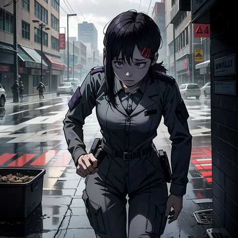 that she is wearing a combat soldier uniform and it is gray and purple in color and (behind her) there are zombies (it is cloudy and it is raining