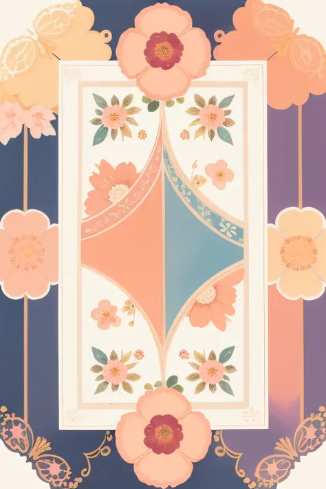 Flower frame symmetrical, on white background, pink, purple, peach, cream, blue, vibrant, loose, watercolour gouache textured paper, naive folk art, whimsical, Lilla Rogers agency illustrator, storybook style, subtle patterns, stripes