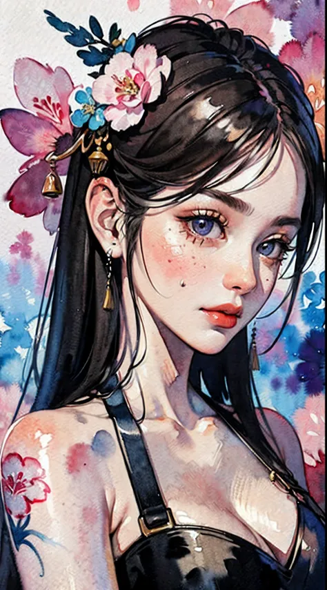 (masterpiece:1.2, best quality), (very detailed face, real picture, realistic skin, realistic body, intricate details), solo, 1milf, casual,ukiyo-e, (Watercolor:1.3), Oiran,