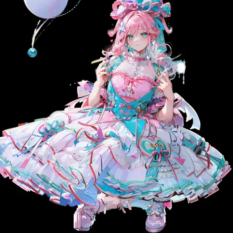 Colorful light background，long white hair，Has a bright pink-purple transparent gum texture，In pink、Wear it with blue and white clothes，Yellow and green ornaments with cyan accents，This is a very sweet and sweet Lolita boy, sweet_dress,(( Full body))