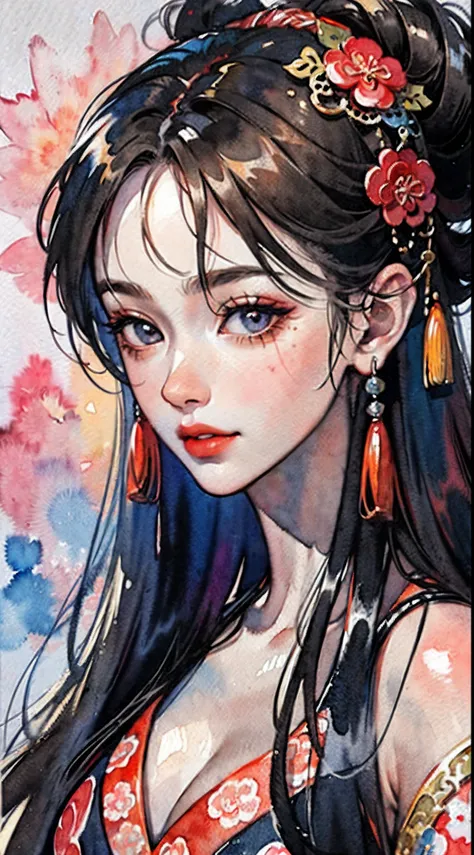 (masterpiece:1.2, best quality), (very detailed face, real picture, realistic skin, realistic body, intricate details), solo, 1milf, casual,ukiyo-e, (Watercolor:1.3), Oiran,