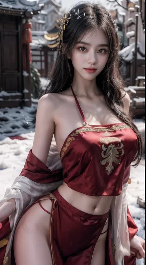 (Masterpiece), (absurderes), (The lens focuses on the thigh), Shiny skin, Girl, Solo, pupils sparkling, long eyelasher, Closed mouth, Long hair, Striped hair, Wavy hair, (Chinese belly pocket:1.27),(Red plush cloak:1.2)，view the viewer, (Cover with snow，th...