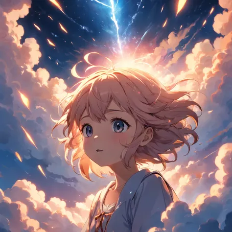 masterpiece, best quality, movie still, 1girl, cloud girl, floating in the sky, close-up, bright, happy, warm soft lighting, sunset, (sparks:0.7)