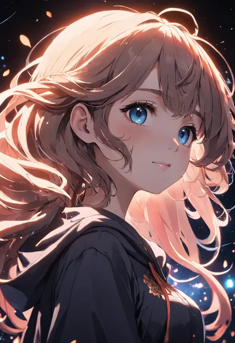 ((best quality)), ((masterpiece)), highres, original, extremely detailed wallpaper,an extremely delicate and beautiful,illustration,cinematic lighting, volume lighting, bloom effect, light particles,((1 girl)),beautiful detailed eyes,long sleeves, hoodie,f...