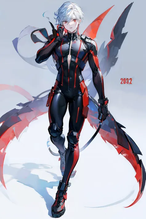 full body suit, male , hair over one eye, black and red tail