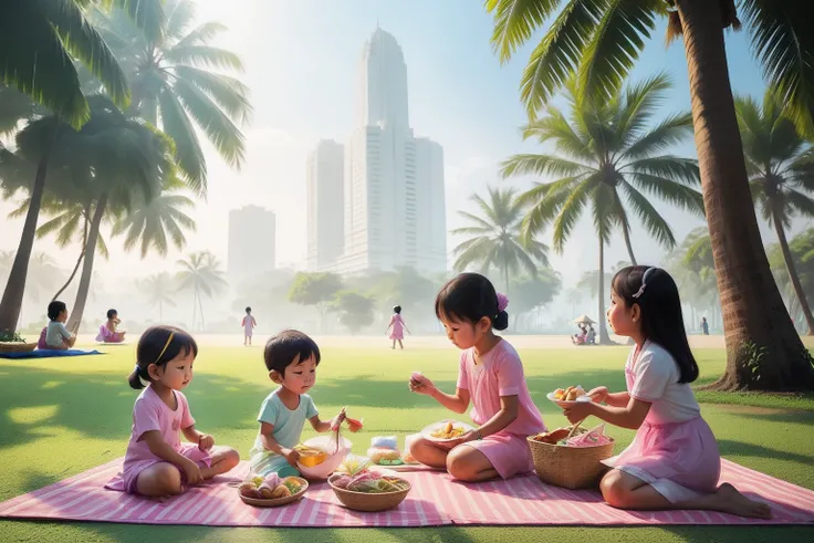 Year: 2020
Country: Thailand
Description: In the heart of Bangkoks historic district, a family dressed in pastel-colored clothing enjoys a serene picnic at the lush Lumphini Park. Children fly kites while their parents savor a traditional Thai feast on vin...