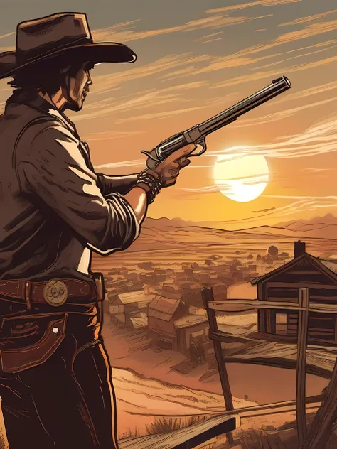 Illustration of the back of a cowboy holding a revolver-style pistol facing the setting sun、Holding a pistol towards the setting sun、Poses that everyone longs for、Legendary poses、A handgun is held at the cowboys waist.、Sunset、Sinking towards the horizon、Bi...