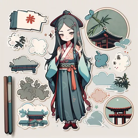 1 sticker, handbook, (sticker, 1 girl, Chinese Ming Dynasty clothes, gorgeous collar top, pleated long skirt, hanfu, embroidery, hairpin, bamboo, moss, pavilion), watercolor, white background, simple background, minimal, cute, tiny, pastel color, vector st...