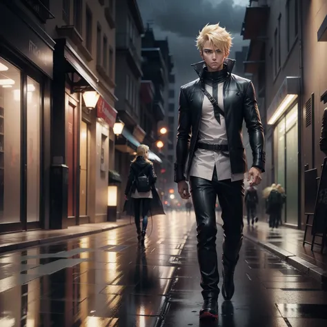 Anime character, revolutionary, blonde hair,futuristic clothes, male,walking, busy street in the background,cool, quiet, fit, medium hair,rainy, thinking,character design sheet