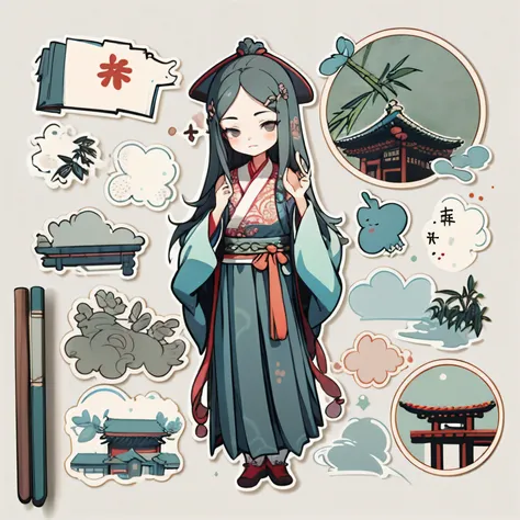 1 sticker, handbook, (sticker, 1 girl, Chinese Ming Dynasty clothes, gorgeous collar top, pleated long skirt, hanfu, embroidery, hairpin, bamboo, moss, pavilion), watercolor, white background, simple background, minimal, cute, tiny, pastel color, vector st...