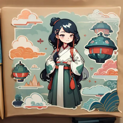 a sticker，Handbook，（a sticker，1girll，Chinese clothes of the Ming Dynasty，Gorgeous collared top，pleated long skirt，Hanfu，embroidery，hairpin，bamboos，moss，pavilion）， aquarelle，white backgrounid， simple backgound， dk， adolable， Small， pastel colour， vectorstyl...