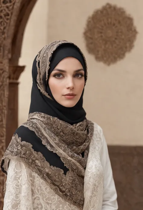 "A woman in a white burqa and black front open scarf, gracefully standing in a beautifully decorated room with Islamic motifs and she is 6 ft tall