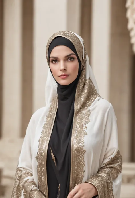 "A woman in a white burqa and black front open scarf, gracefully standing in a beautifully decorated room with Islamic motifs and she is 6 ft tall