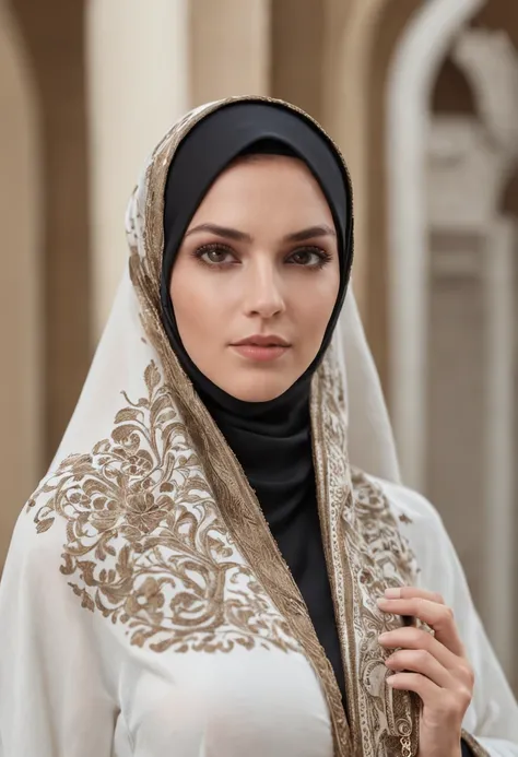 "A woman in a white burqa and black front open scarf, gracefully standing in a beautifully decorated room with Islamic motifs and she is 6 ft tall